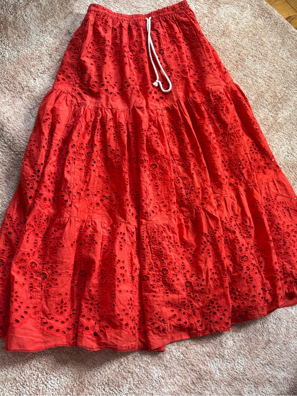 ❤️ Poupette Red Eyelet Cotton Maxi Skirt with Drawstring Waist - Picture 2 of 6